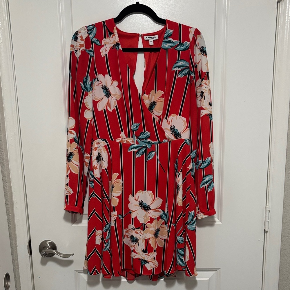 Express Red Floral V-Neck Long Sleeve Dress with Teal and Cream Flowers